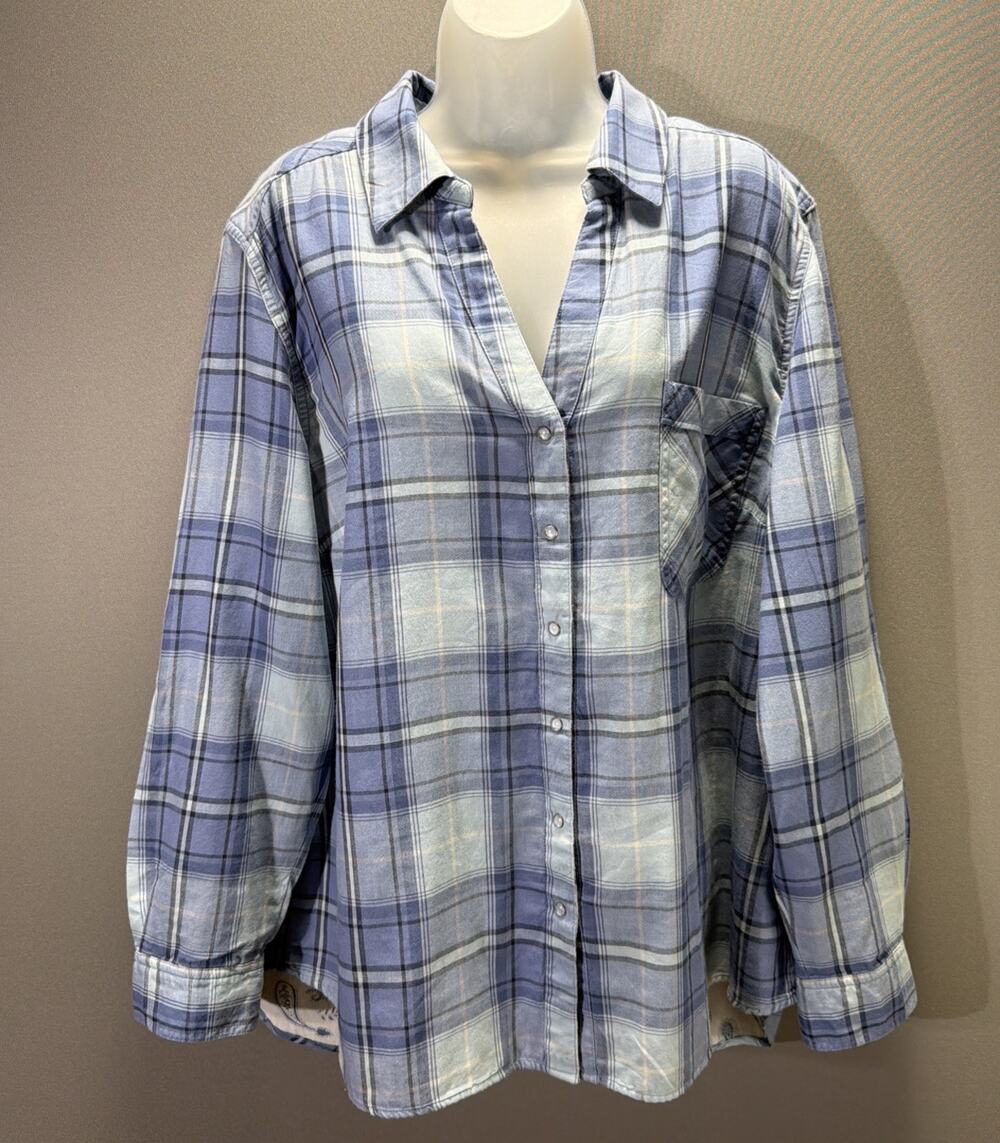 Style & Co Womens XXL Blue Plaid Pearl Snap Roll Tab Sleeves Western Shirt New